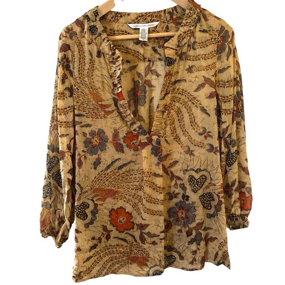 Diane Von Furstenberg Womens Sheer Blouse Silk 10 Brown Floral Romantic Bohemian - Picture 1 of 9